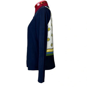 Nice Things navy  long sleeve knit 100% cotton cardigan with a woven fabric back